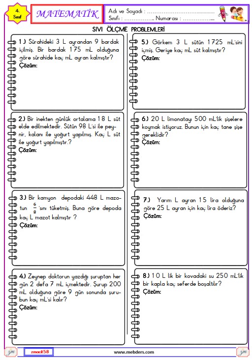 4. Sınıf Matematik Sıvılar ile İlgili Ölçme Problemleri Etkinliği 5