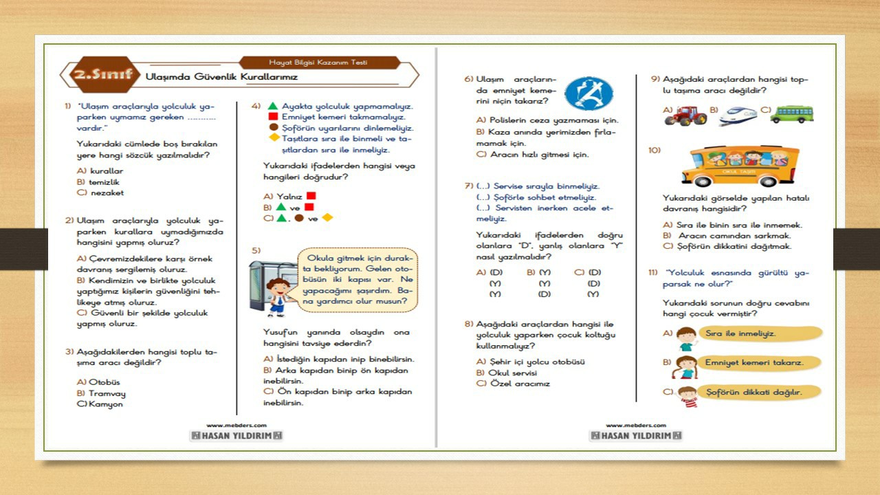 2. Sınıf Hayat Bilgisi Ulaşımda Güvenlik Kurallarımız Testi