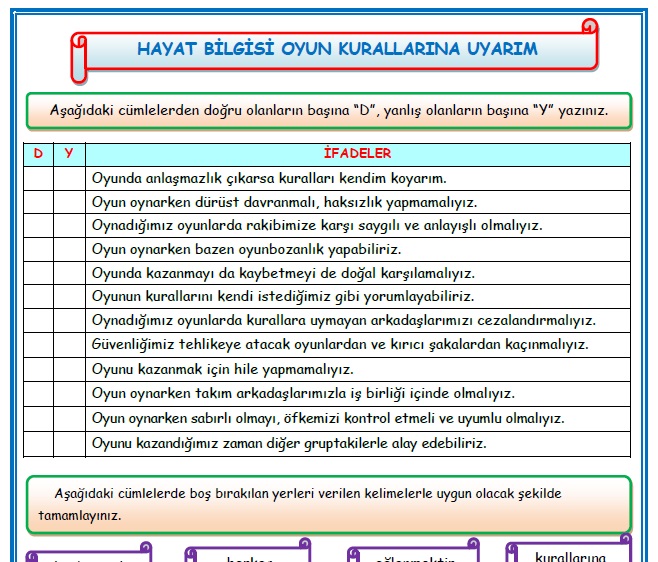 2. Sınıf Hayat Bilgisi Oyun Kurallarına Uyarım Etkinlik Çalışması