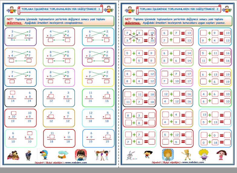 1. Sınıf Matematik Toplama İşleminde Toplananların Yer Değiştirmesi (2 Sayfa)