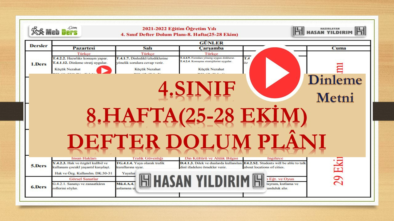 4. Sınıf 8.Hafta(25-28 Ekim) Defter Dolum Planı