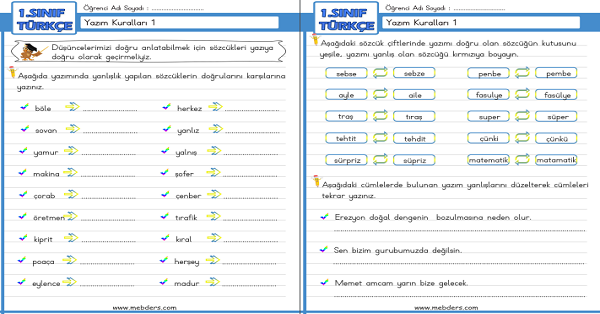 1. Sınıf Türkçe Yazım Kuralları Etkinliği 1
