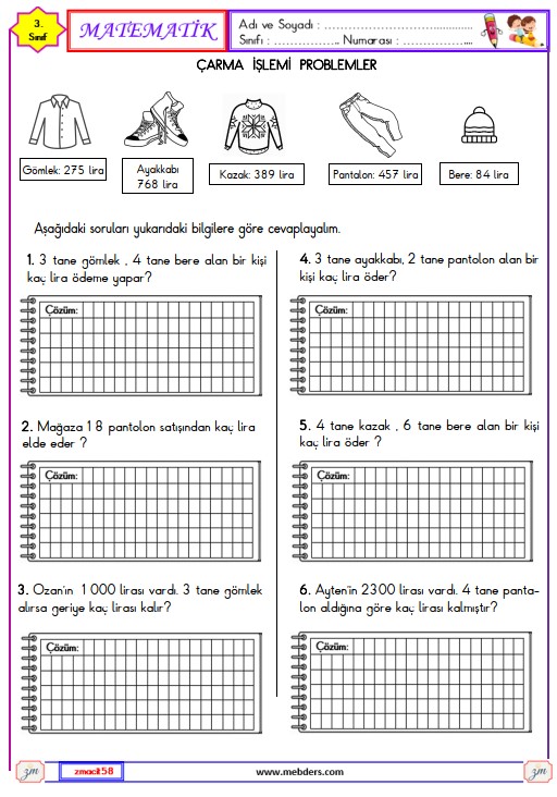 4. Sınıf Matematik Çarpma İşlemleri Problemleri Etkinliği 3