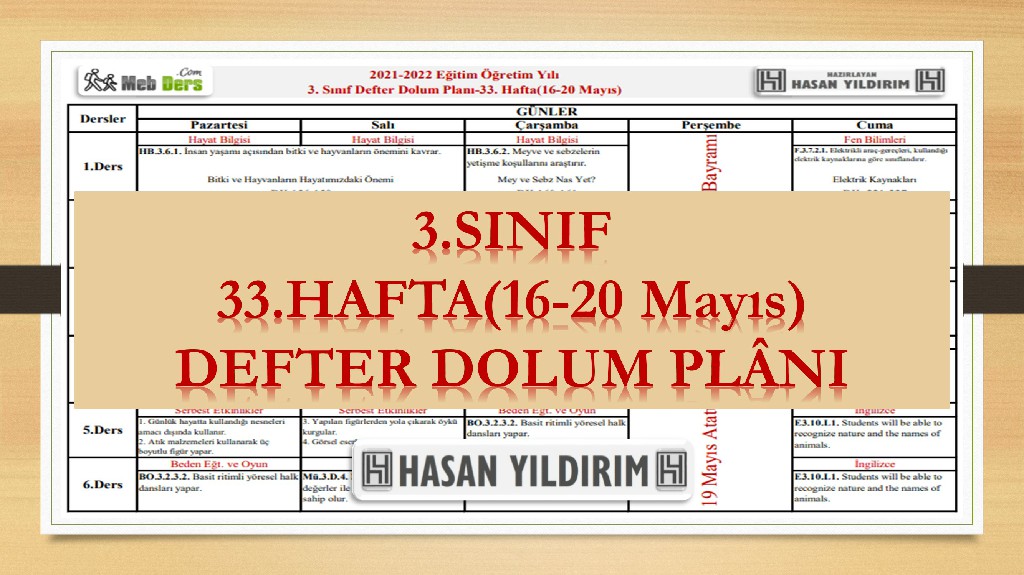 3. Sınıf 33.Hafta(16-20 Mayıs) Defter Dolum Planı