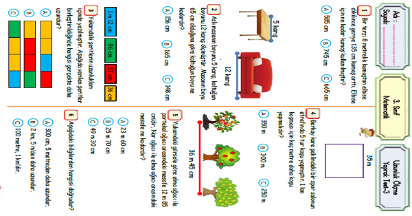 3. Sınıf Matematik Uzunluk Ölçme Yaprak Test-3