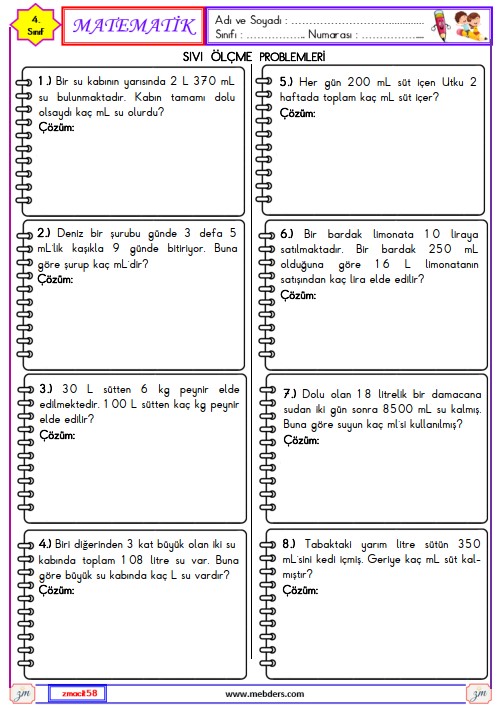 4. Sınıf Matematik Sıvı Ölçme Problemleri Etkinliği 10