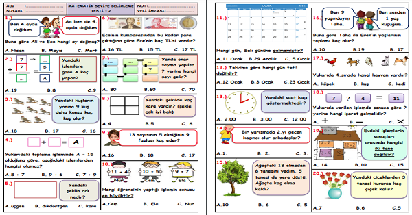 1. Sınıf -Matematik Seviye Belirleme Test-2