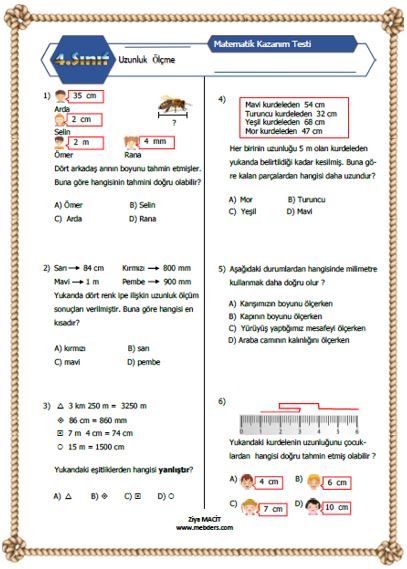 4. Sınıf Matematik Uzunluk Ölçme Kazanım Testi