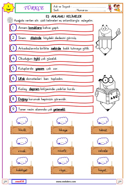 3. Sınıf Türkçe Eş Anlamlı Kelimeler Etkinliği 7