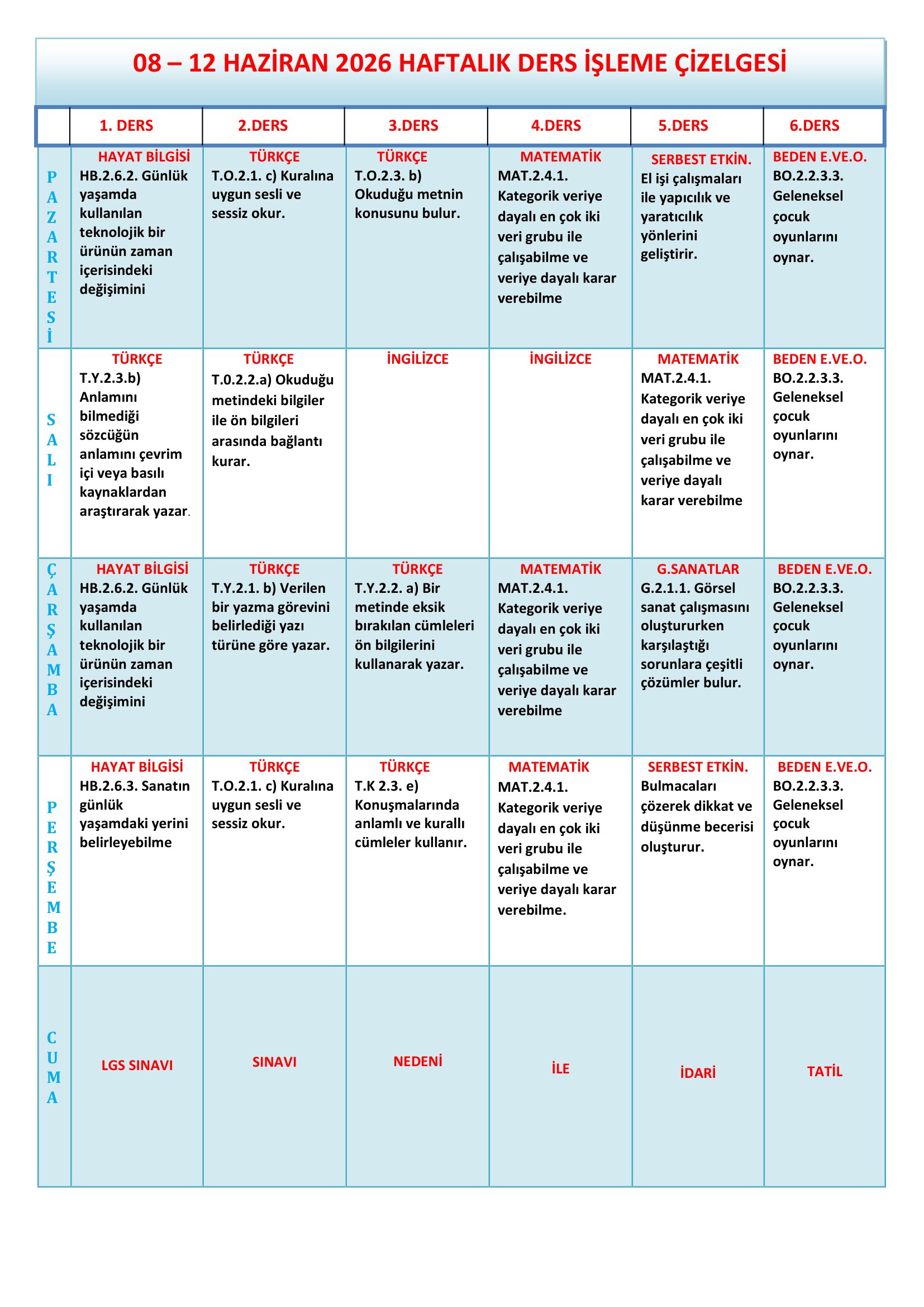 2. Sınıf 08 - 12 Haziran 2026 Haftalık Ders İşleme Çizelgesi.doc