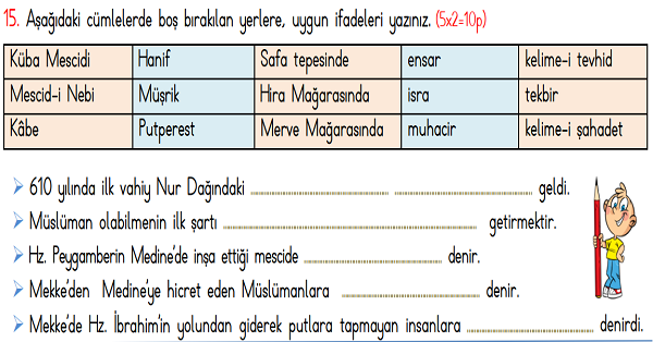 4. Sınıf Din Kültürü ve Ahlak Bilgisi Dersi 2.Dönem 2.Yazılı Sınavı