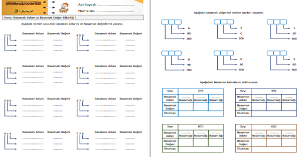 3. Sınıf Matematik Basamak Adları ve Basamak Değeri Etkinliği 1
