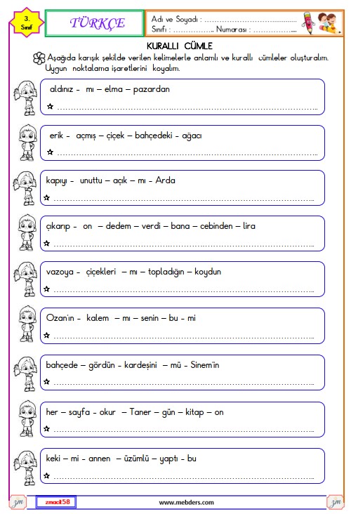 3. Sınıf Türkçe Kurallı Cümle Etkinliği 6