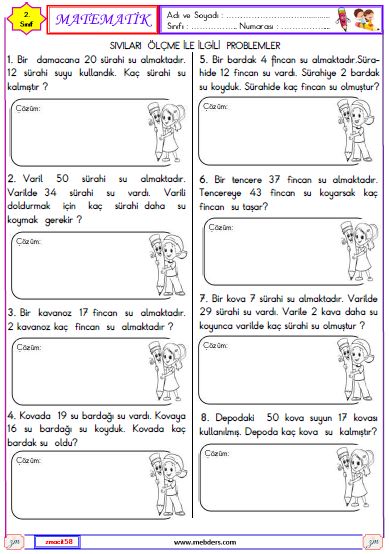 2. Sınıf Matematik Sıvıları Ölçme ile İlgili Problemler  Etkinliği 2