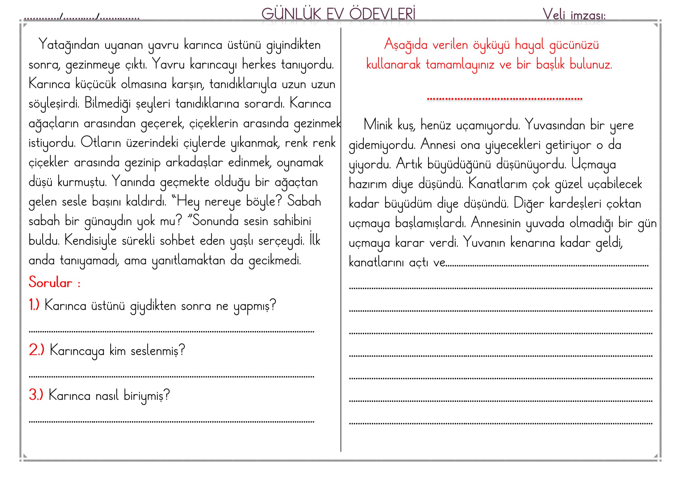 1. Sınıf - 10 Nisan 2026 Günlük Ev Ödevleri