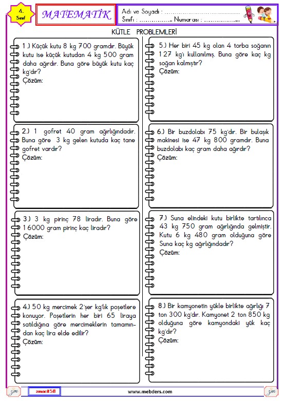 4. Sınıf Matematik Tartma ile İlgili Problemler Etkinliği 4