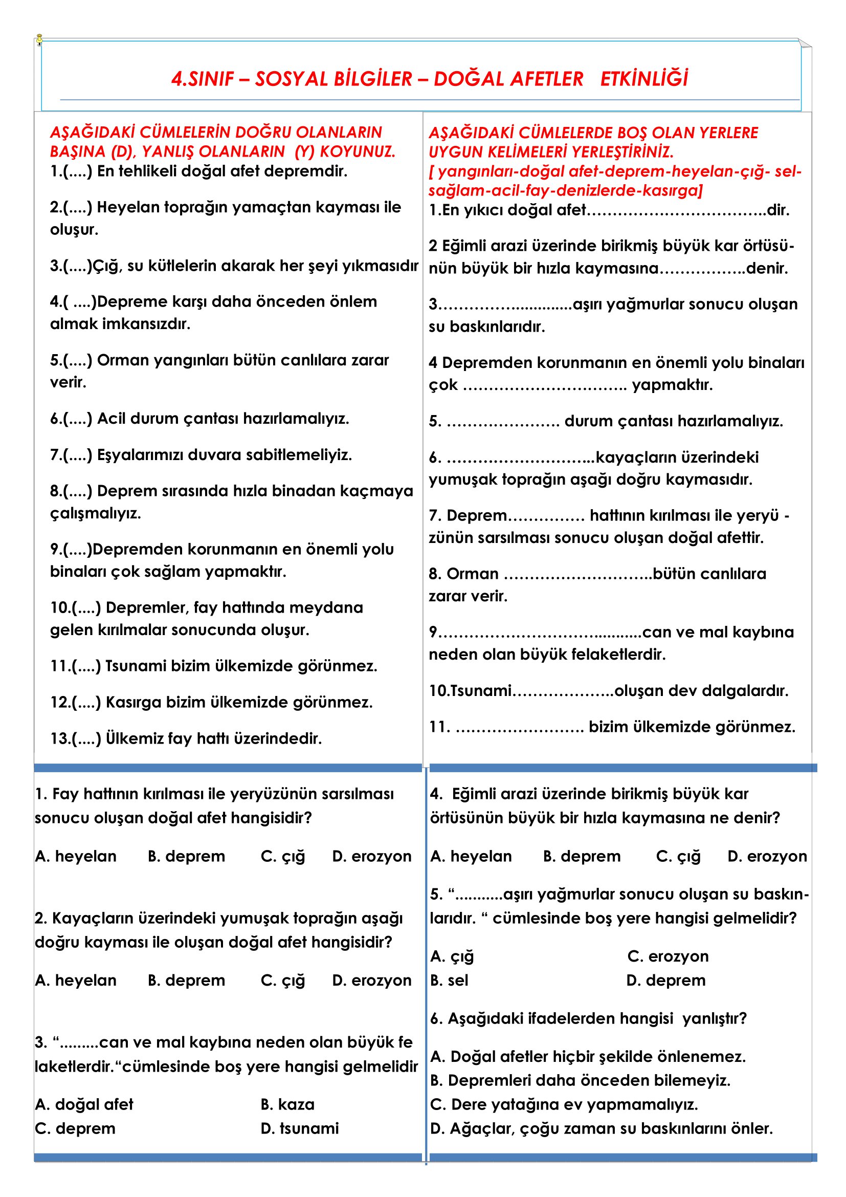 4. Sınıf - Sosyal Bilgiler - Doğal Afetler Etkinliği
