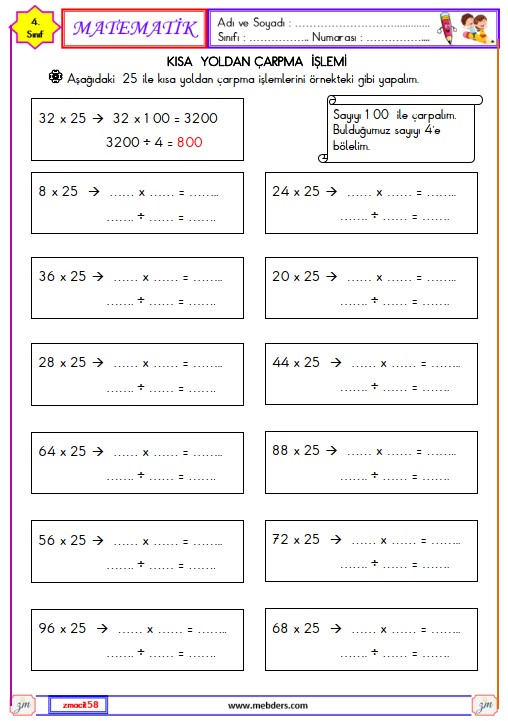 4. Sınıf Matematik Çarpma İşlemi Etkinliği 7