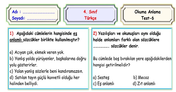 4. Sınıf Türkçe Okuma Anlama Sene Sonu Değerlendirme Testi 6