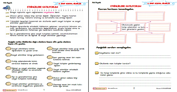 4. Sınıf Sosyal Bilgiler Eğitsel ve Sosyal Etkinliklere Katılıyorum Etkinliği 5