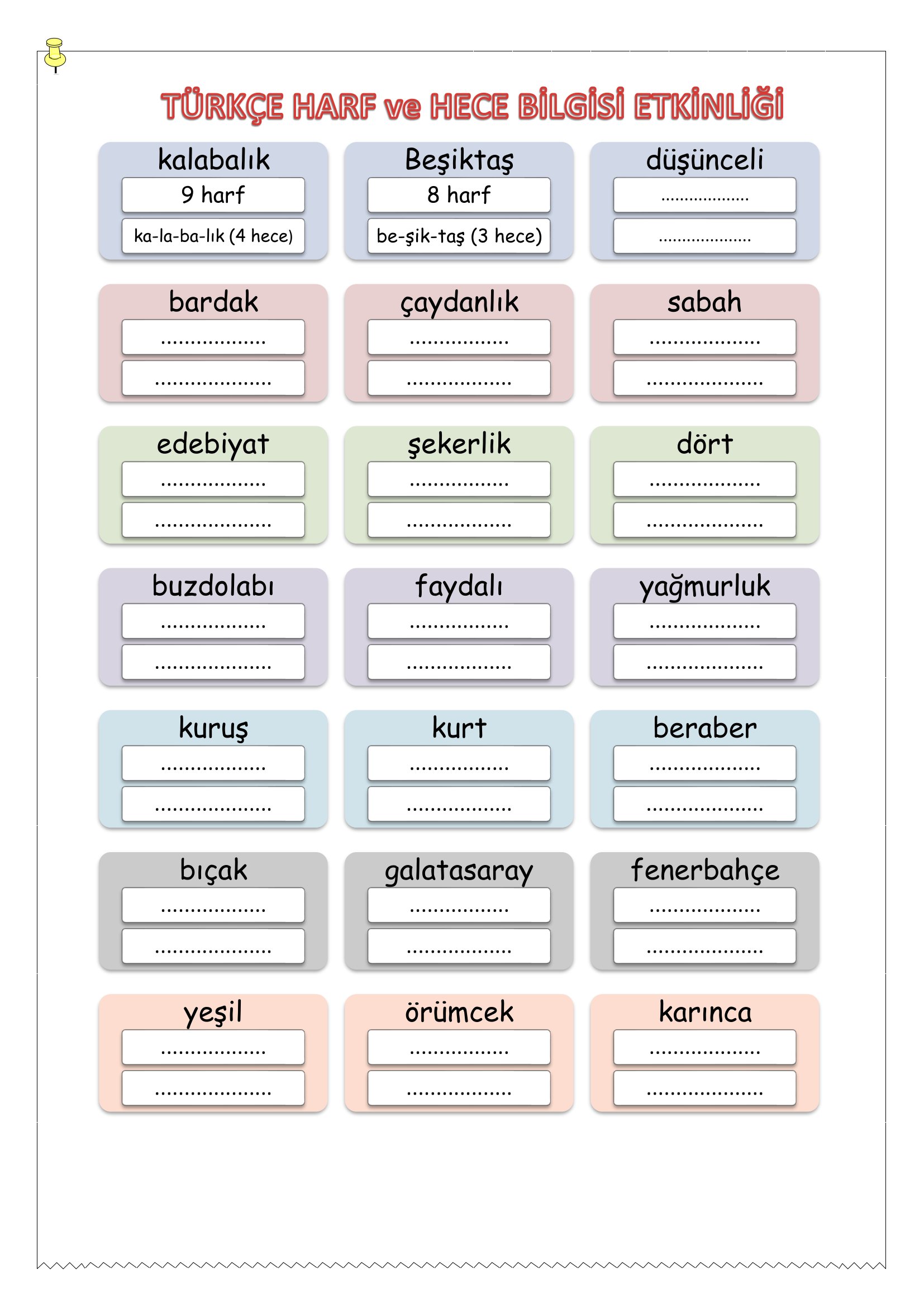 1. Sınıf Türkçe Harf ve Hece Bilgisi Etkinliği