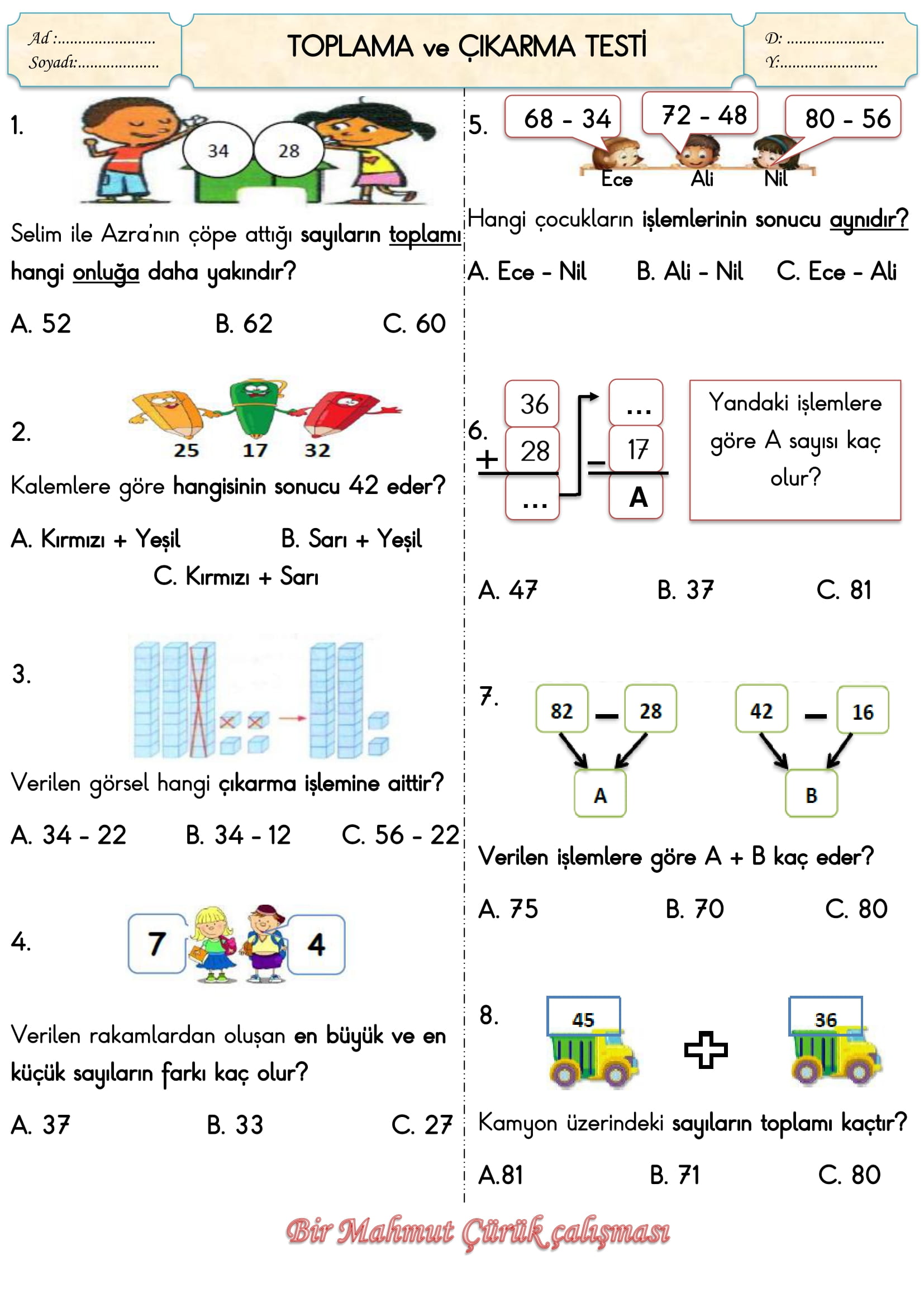 2. Sınıf Matematik Doğal Sayılarda Toplama ve Çıkarma Testi