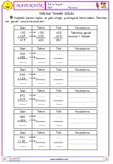 3. Sınıf Matematik Toplamı Tahmin Edelim Etkinliği 1