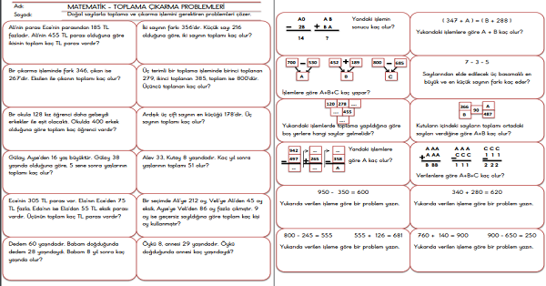 3. Sınıf - Matematik Toplama ve Çıkarma Problemleri-1