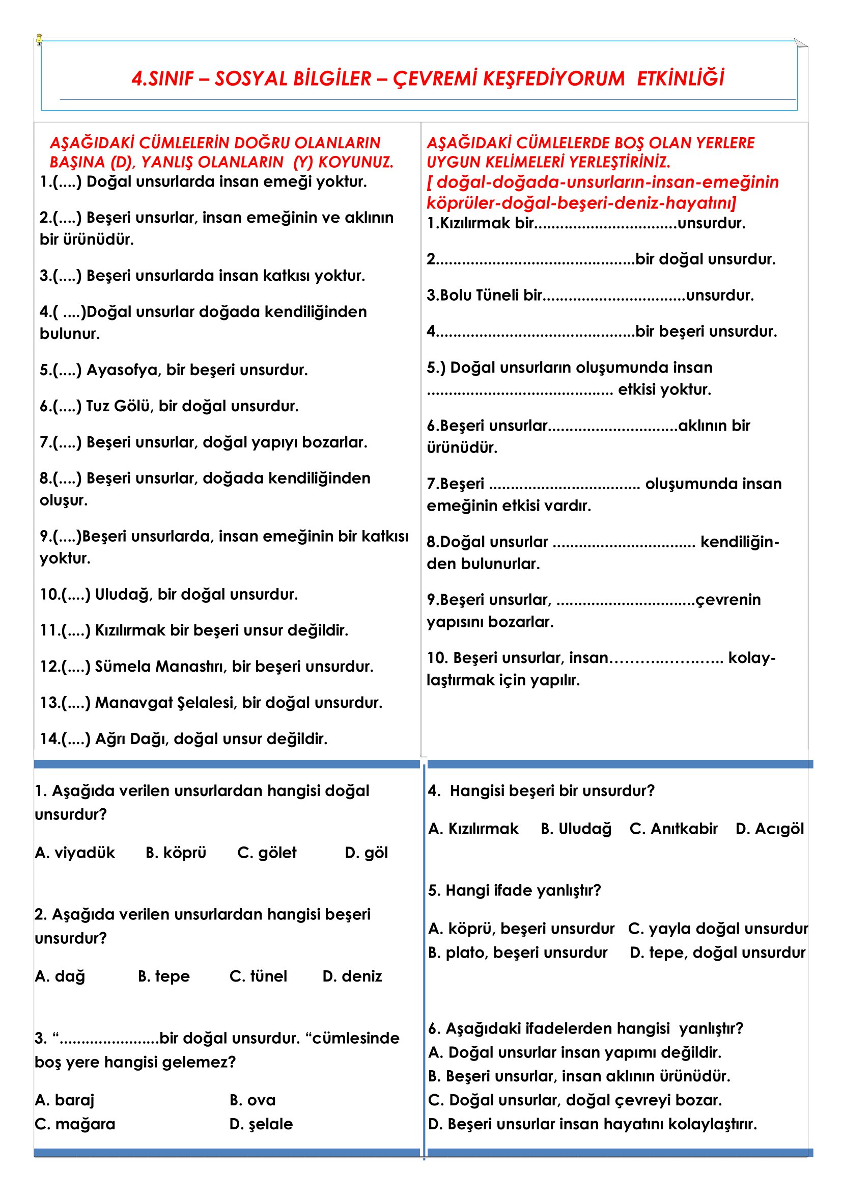 4. Sınıf - Sosyal Bilgiler - Çevremi Keşfediyorum Etkinliği