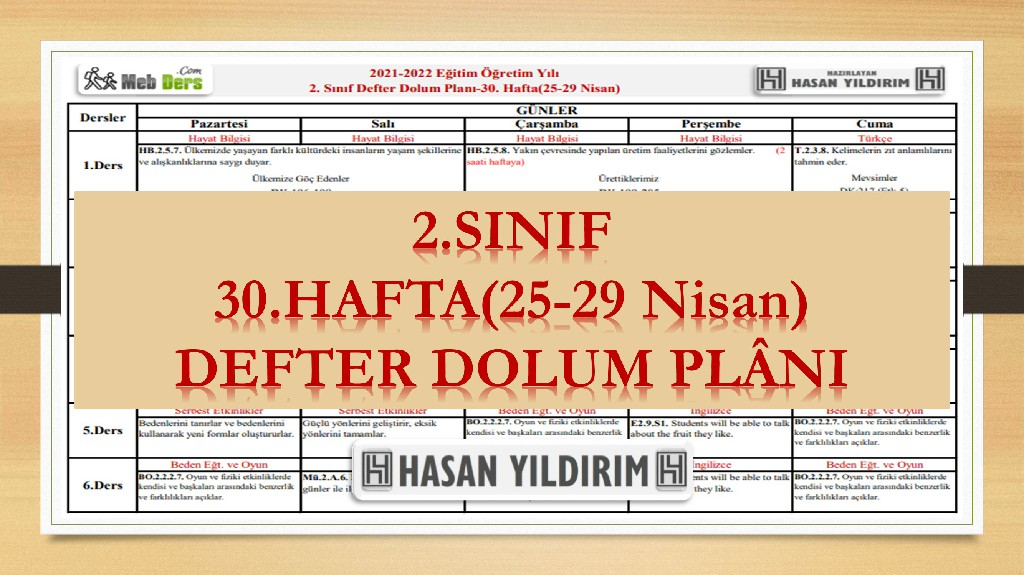 2. Sınıf 30.Hafta(25-29 Nisan) Defter Dolum Planı