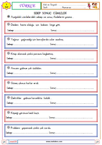 2. Sınıf Türkçe Sebep Sonuç Cümleleri Etkinliği