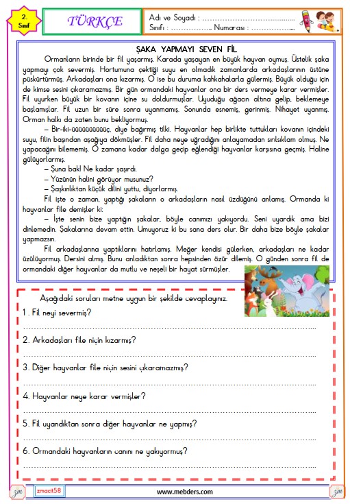 2. Sınıf Türkçe Okuma ve Anlama Metni Etkinliği 7 ( Şaka Yapmayı Seven Fil )