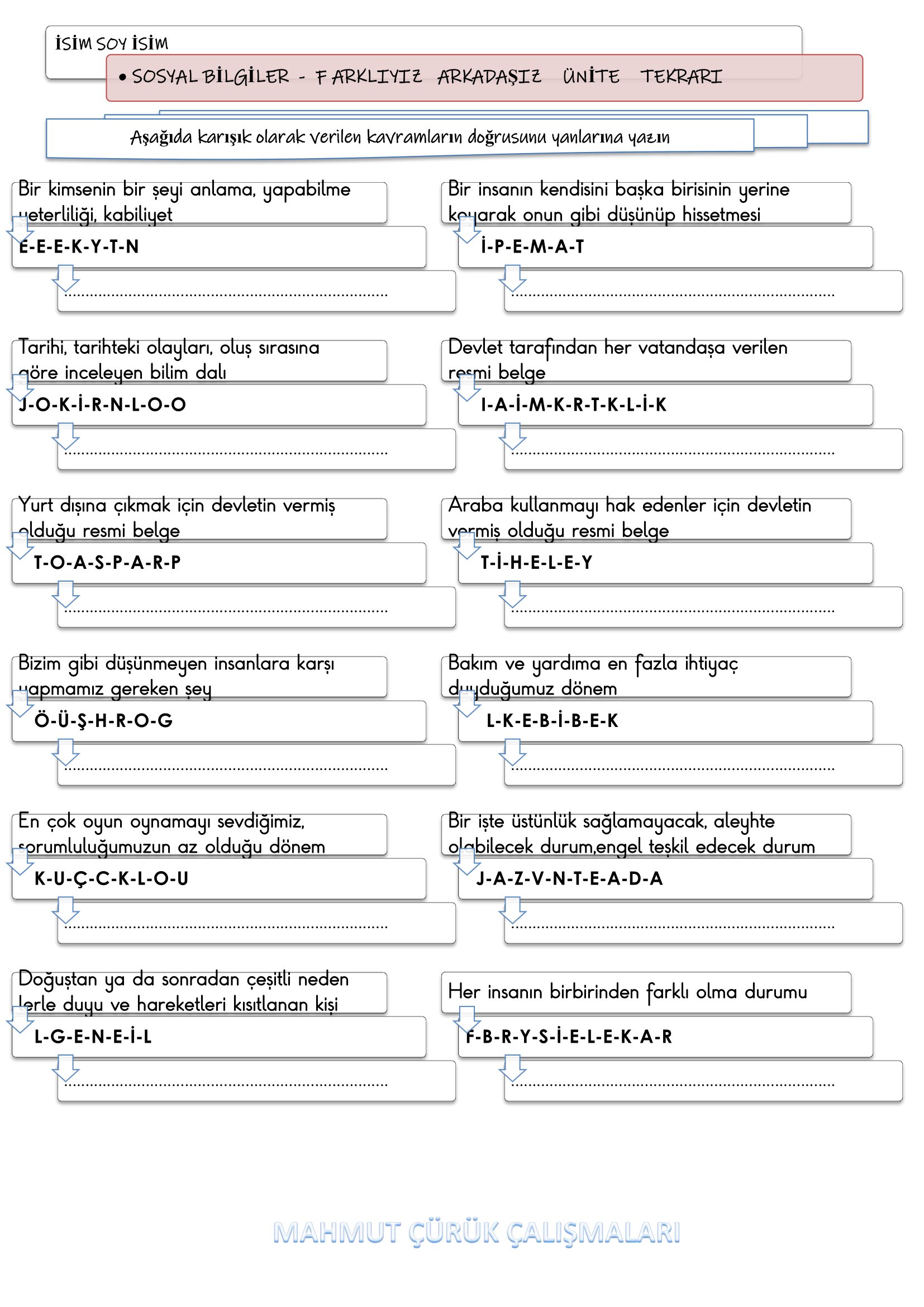 4. Sınıf - Sosyal Bilgiler Farklıyız Arkadaşız Ünite Tekrarı
