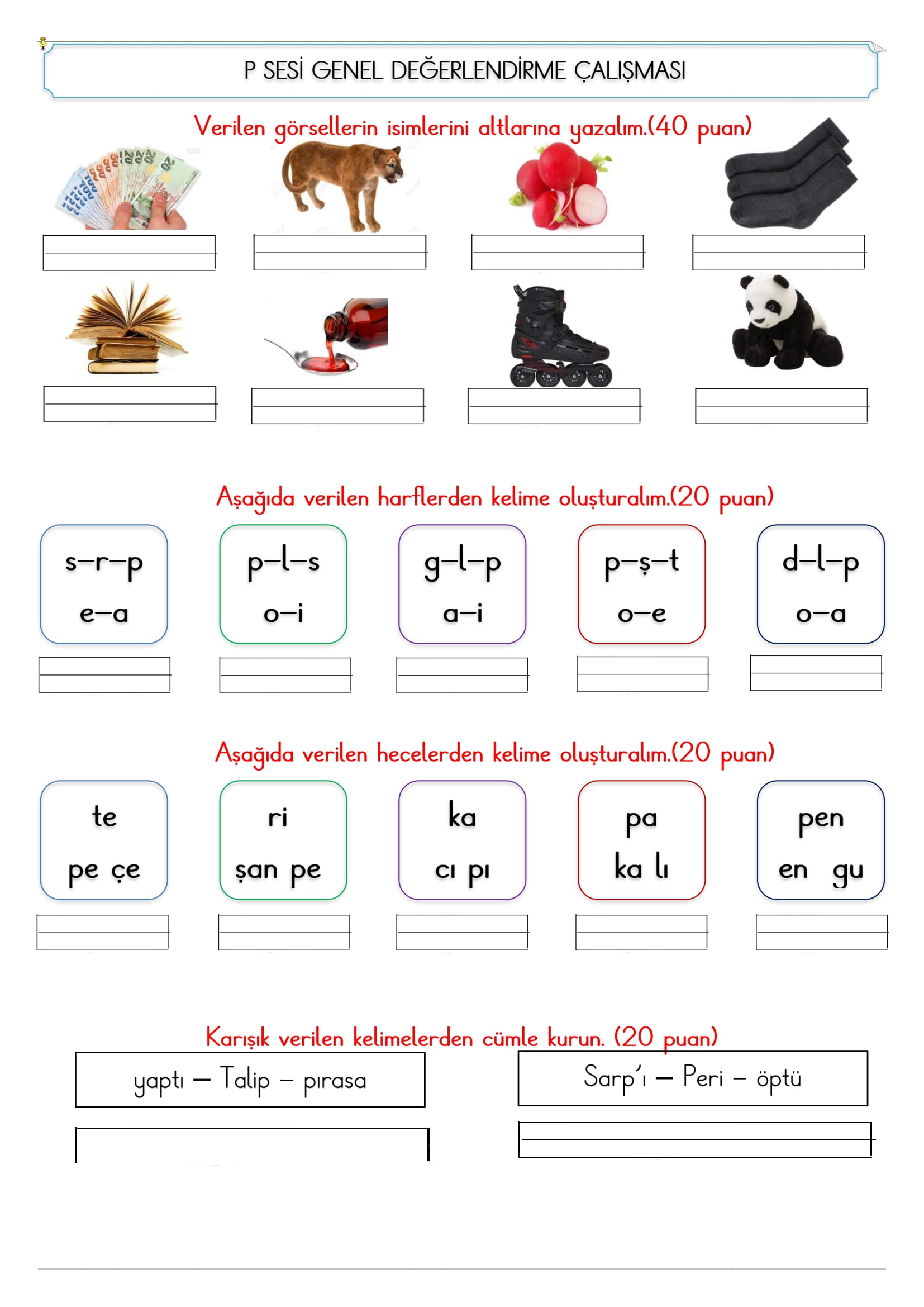 1. Sınıf İlk Okuma Yazma P Sesi Değerlendirme Çalışması 2