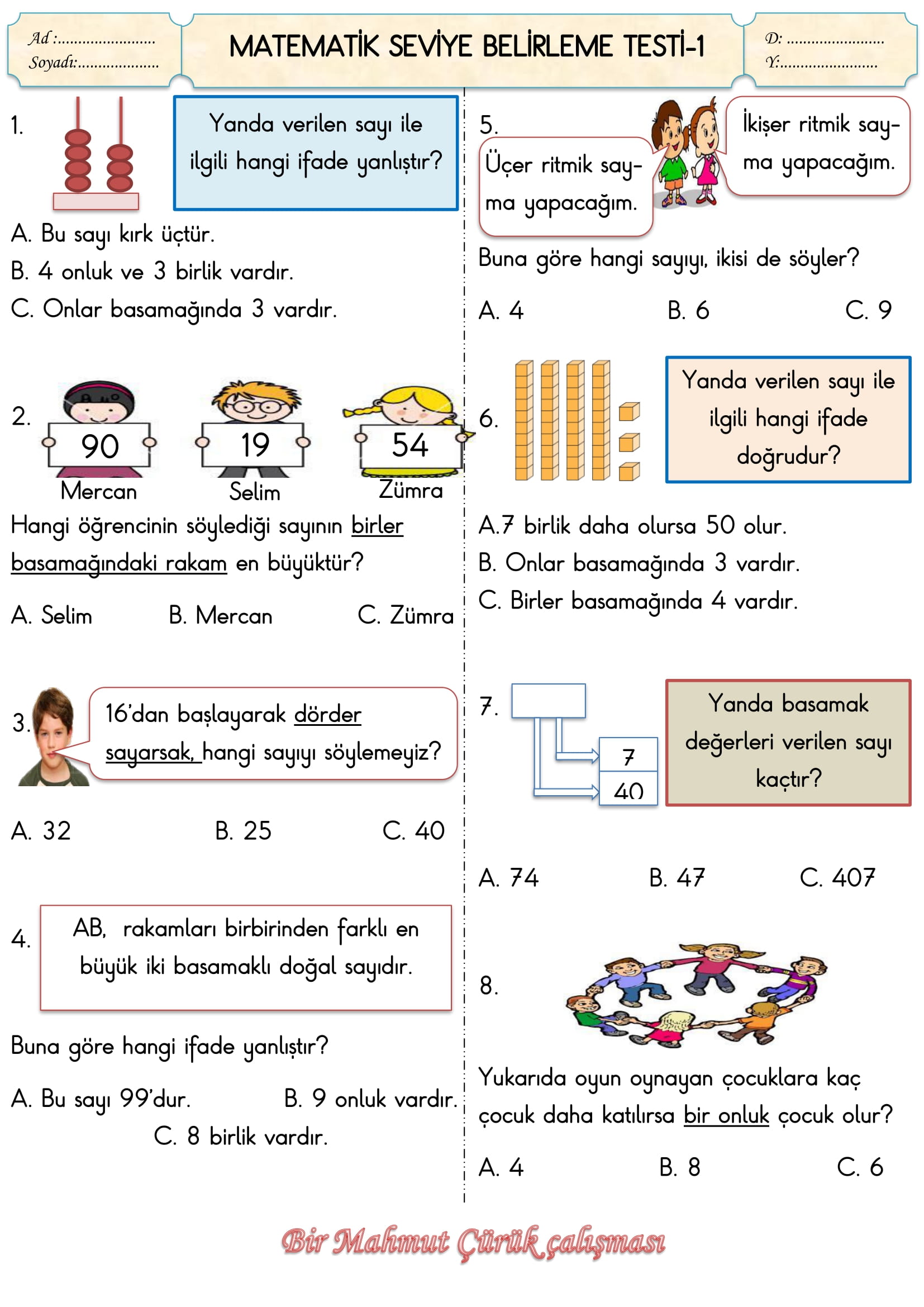 2. Sınıf Matematik Seviye Belirleme Testi-1