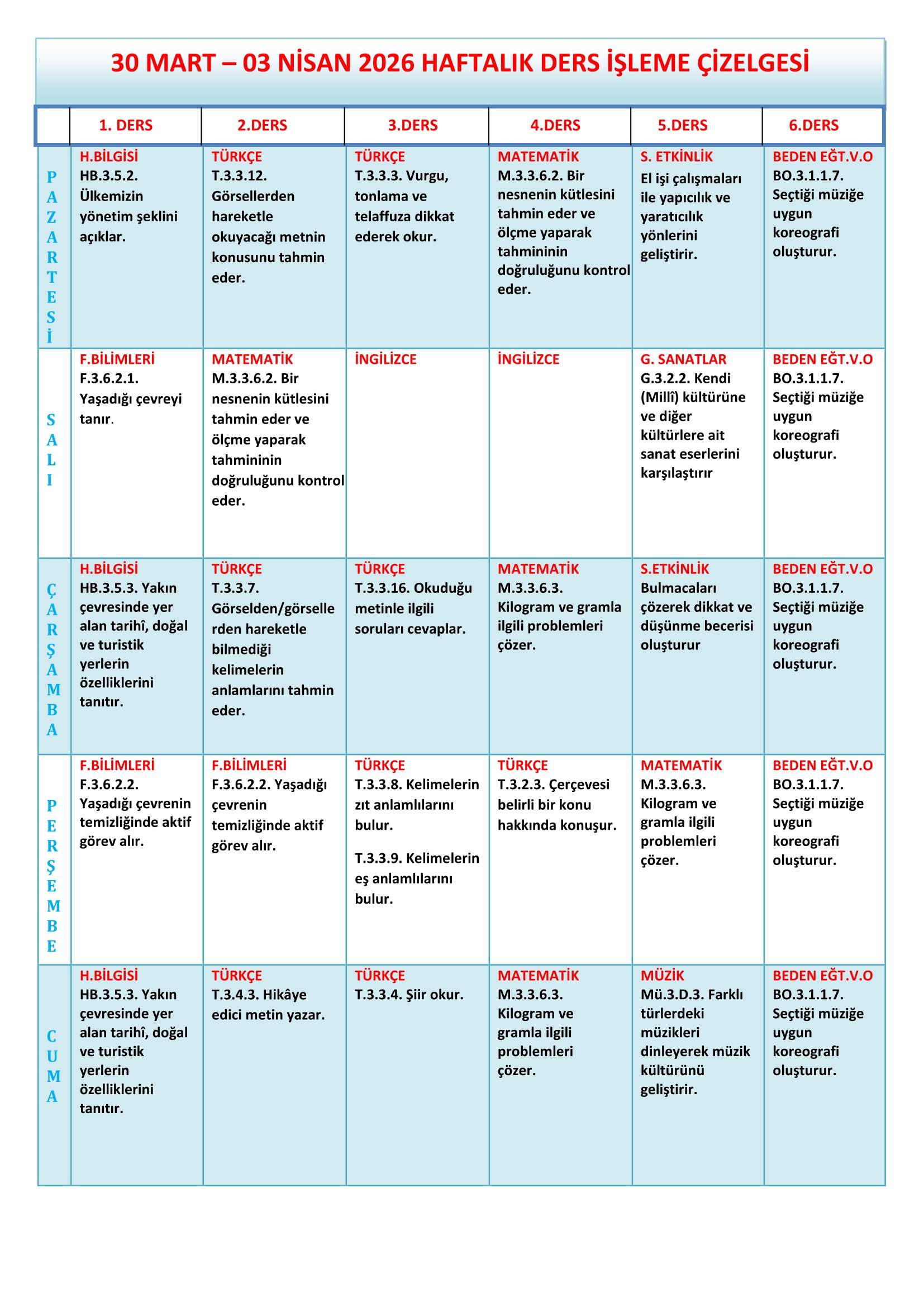 3. Sınıf 30 Mart - 03 Nisan 2026 Haftalık Ders İşleme Çizelgesi.doc