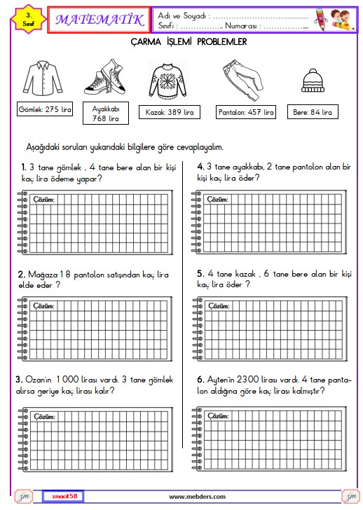 4. Sınıf Matematik Çarpma İşlemi Problemleri Etkinliği 3