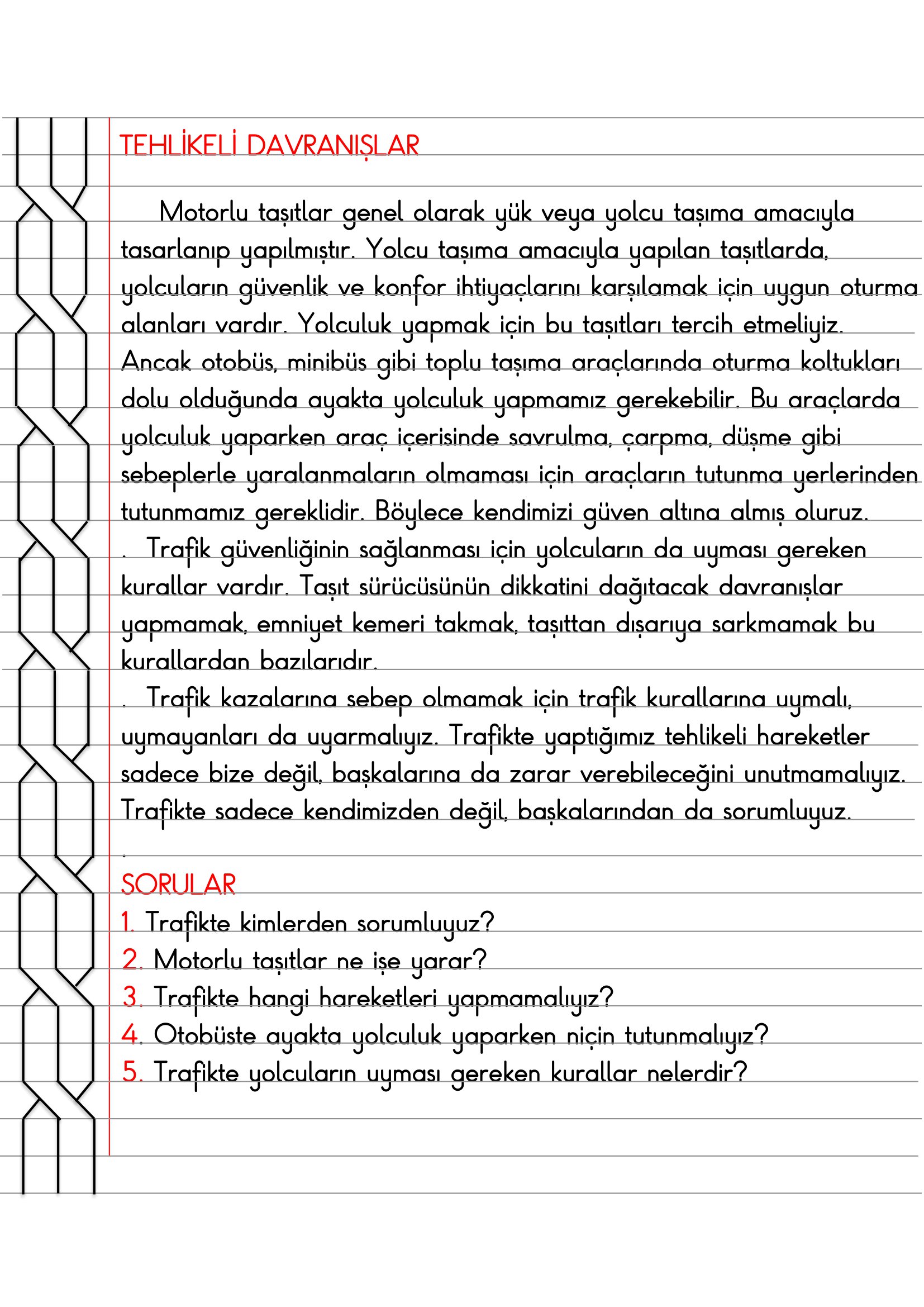 4. Sınıf Trafik Güvenliği Tehlikeli Davranışlar Defter Özeti