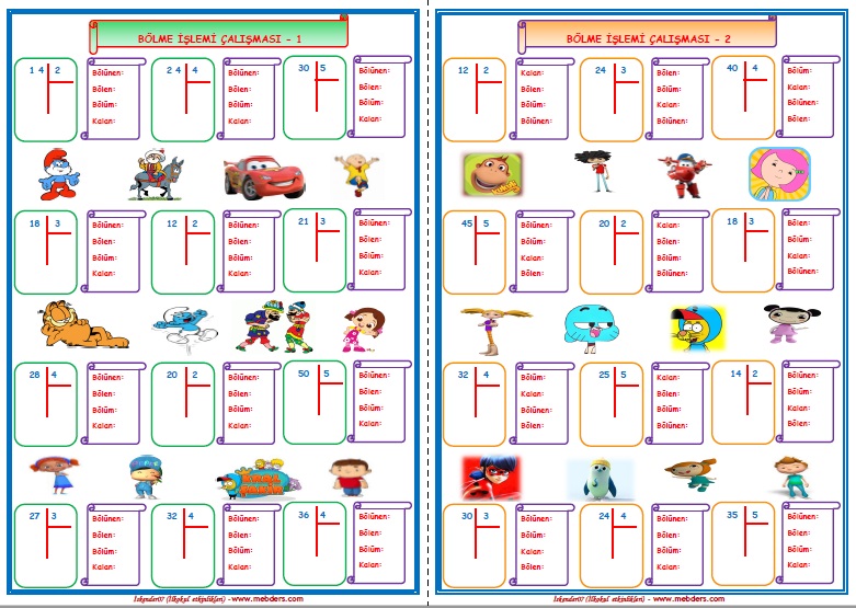 2. Sınıf Matematik Bölme İşlemi Çalışması 1-2 (2 Sayfa)