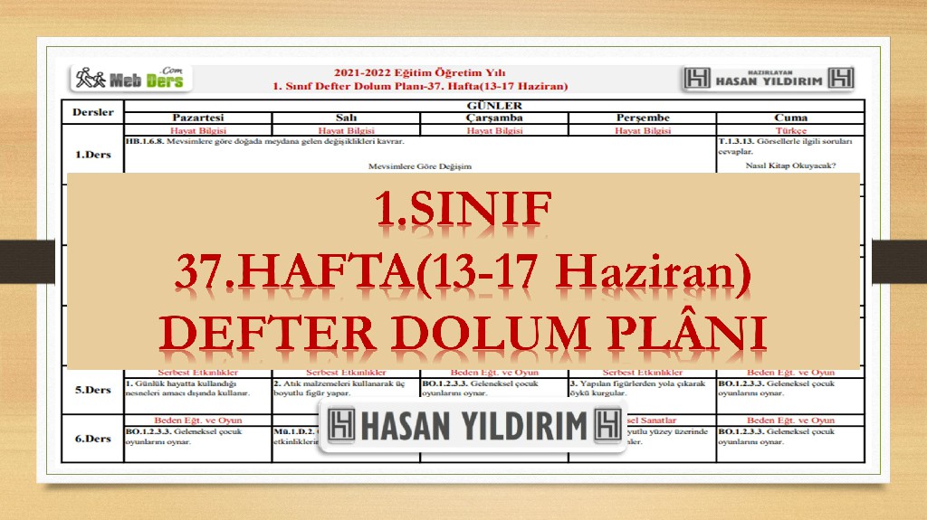1. Sınıf 37.Hafta(13-17 Haziran) Defter Dolum Planı
