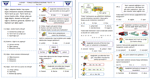 1. Sınıf - Türkçe Değerlendirme Testi - 5