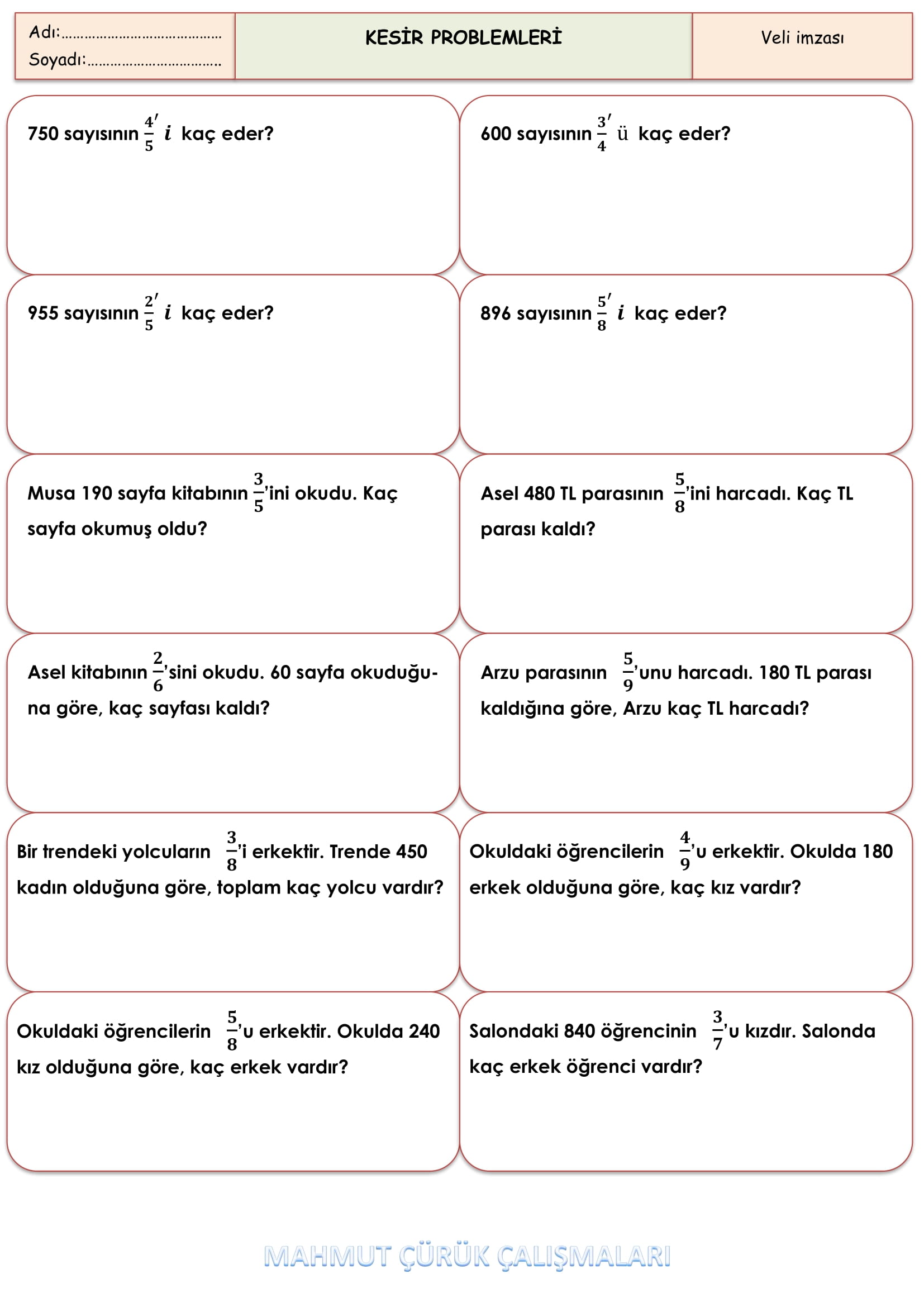 4. Sınıf - Matematik Kesir Problemleri-1