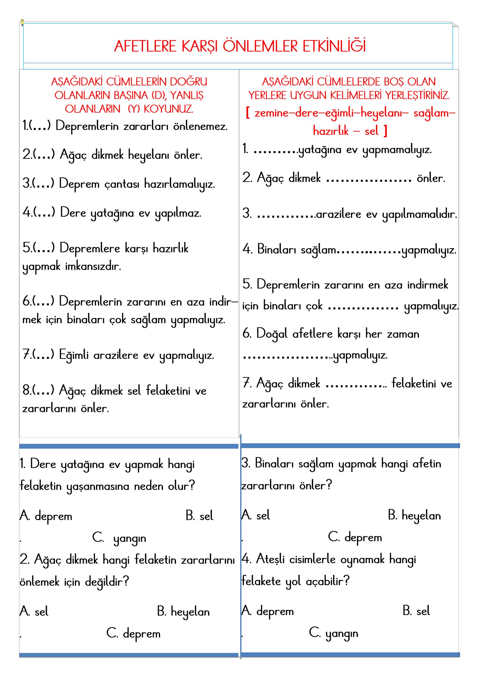 2. Sınıf - Hayat Bilgisi Afetlere Karşı Önlemler Etkinliği