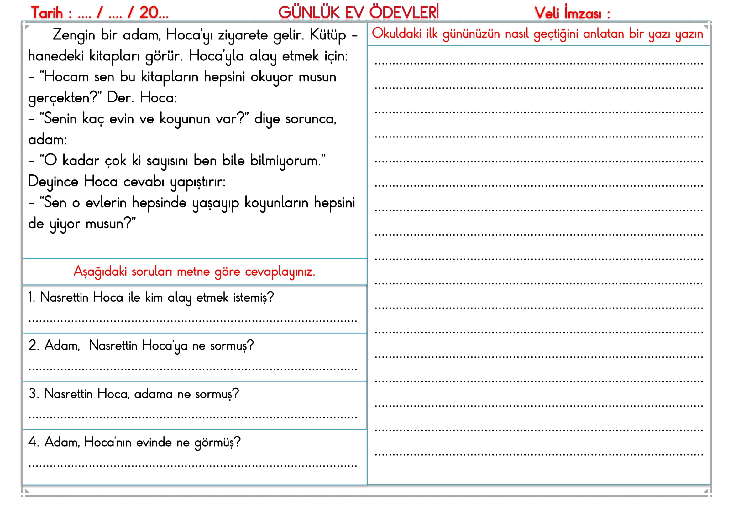 2. Sınıf - 09 Eylül 2025 Günlük Ev Ödevleri