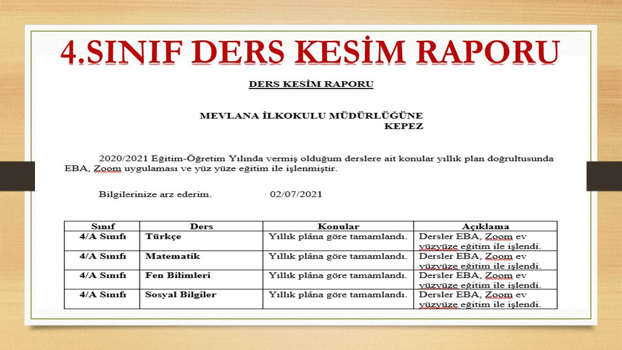 4. Sınıf Ders Kesim Raporu (2020-2021 Yılı Uzaktan ve Yüz Yüze Eğitime Uygun)