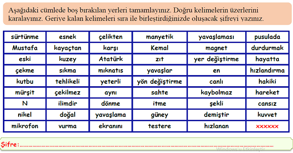 4. Sınıf Fen Bilimleri Kuvvetin Etkileri Boşluk Doldurma Etkinliği