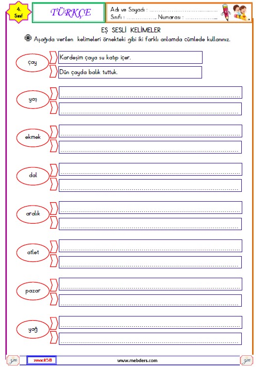 4. Sınıf Türkçe Eş Sesli Kelimeler Etkinliği 1