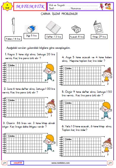3. Sınıf Matematik Çarpma İşlemi ile İlgili Problemler Etkinliği 3