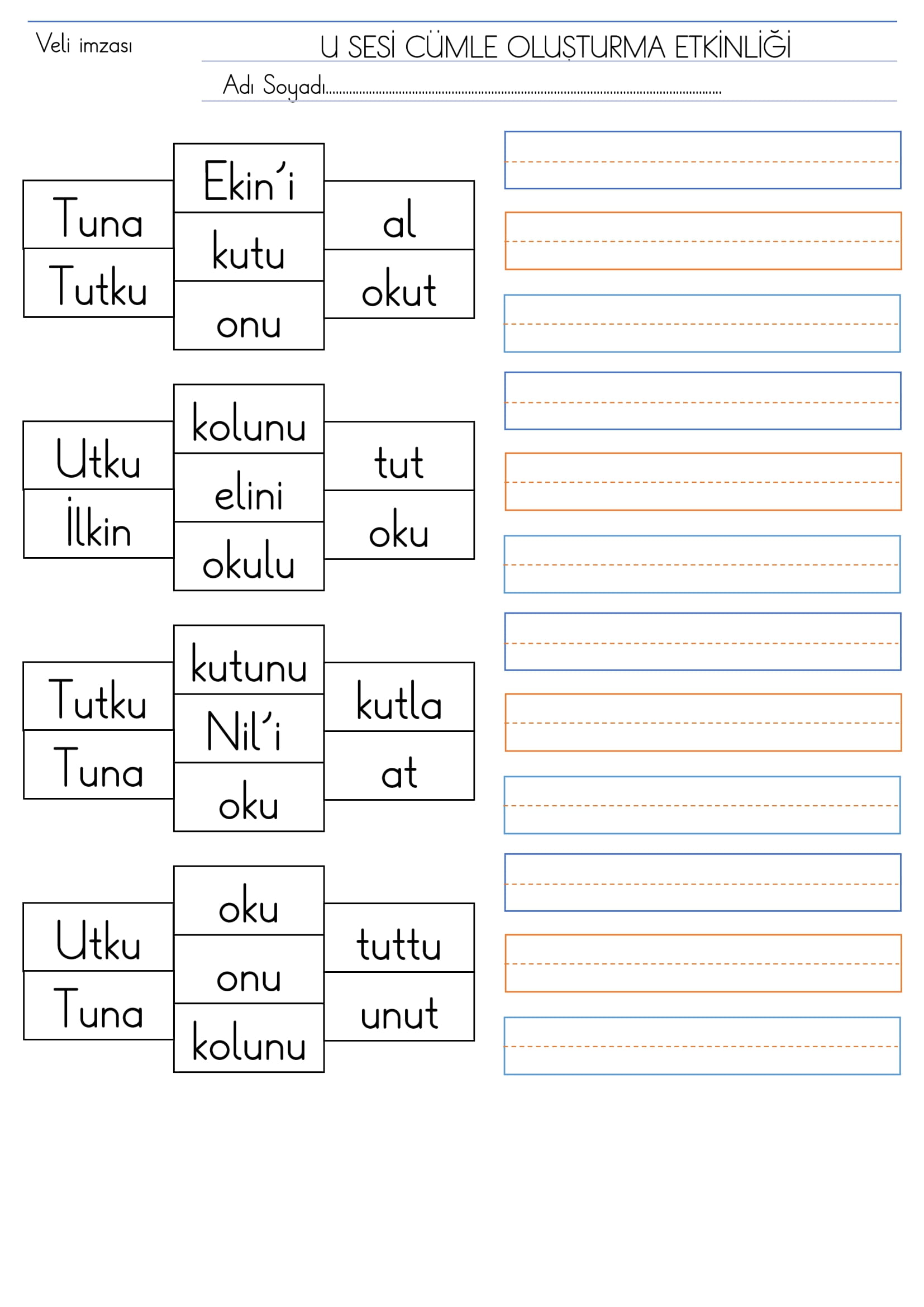 1. Sınıf İlk Okuma Yazma U Sesi Cümle Oluşturma Etkinliği
