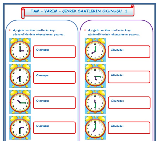 2. Sınıf Matematik Tam Yarım Çeyrek Saatlerin Okunuşu ve Gösterilişi 1